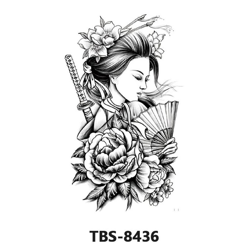 Waterproof temporary tattoo stickers, full sleeve geisha temporary tattoo stickers, large image, black and white, color, full sleeve tattoo, 1 piece.